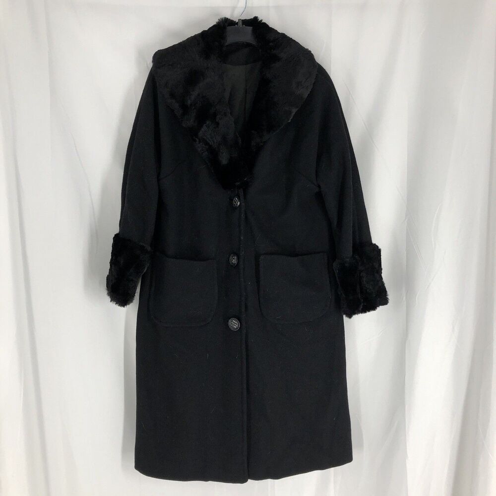 Vintage Women's Pea Coat Black Faux Fur Collar Unbranded & Unsized Fits 6-8 Size